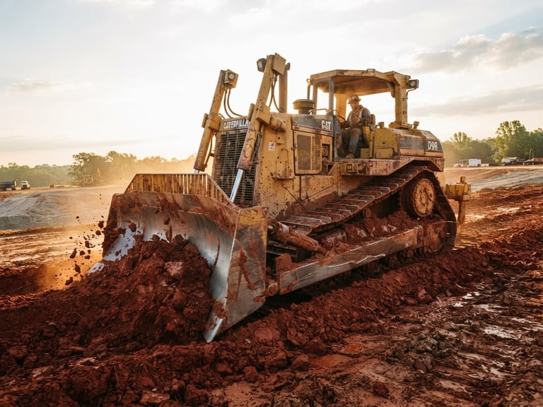 Low-angle heroic shot of a yellow bulldozer cutting red Piedmont clay under bright morning sunlight, sharp focus, 35mm