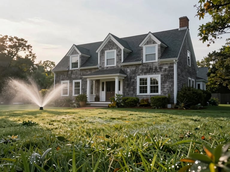 A low-angle shot of a shingle-style Cape Cod home with a perfectly manicured lawn, morning dew catching the soft light, and a modern sprinkler system misting gently in the background.