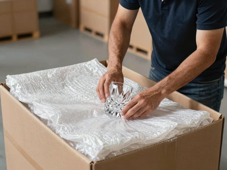 Medium shot of a professional mover wrapping fragile crystal glassware in heavy-duty cell-pack sheets inside a structured cardboard box, bright warehouse lighting
