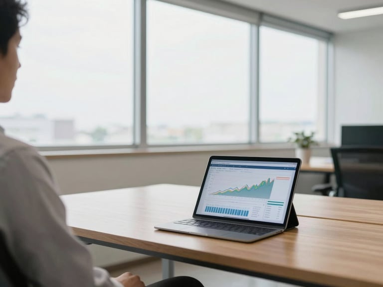 Bright modern office in Brazil, soft daylight filtering through large windows, a clean wooden desk with a digital tablet showing financial charts, over-the-shoulder view, professional corporate tones.