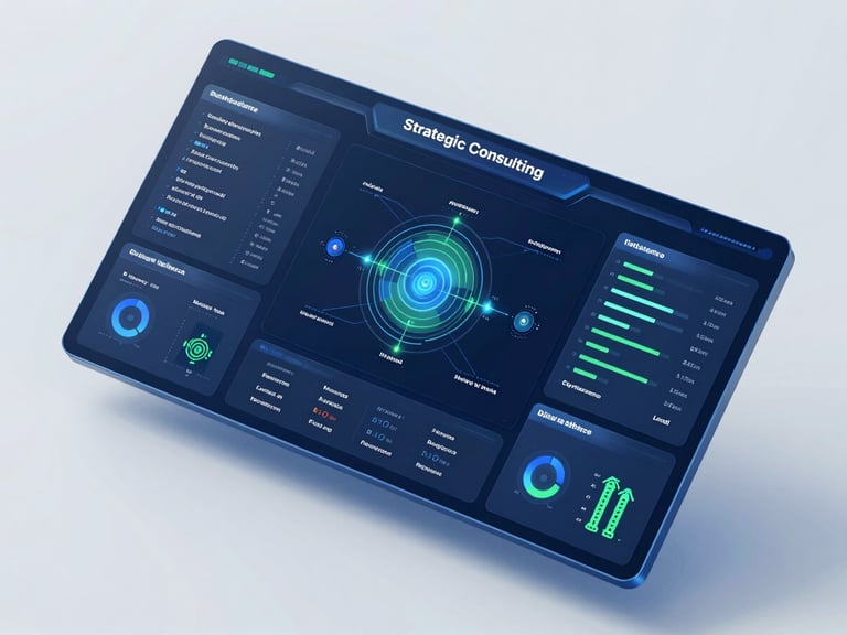 Sleek 3D render of a futuristic AI and BI dashboard, showing strategic consulting, business intelligence, artificial intelligence algorithms, and data analysis visualizations, blue and green accents.