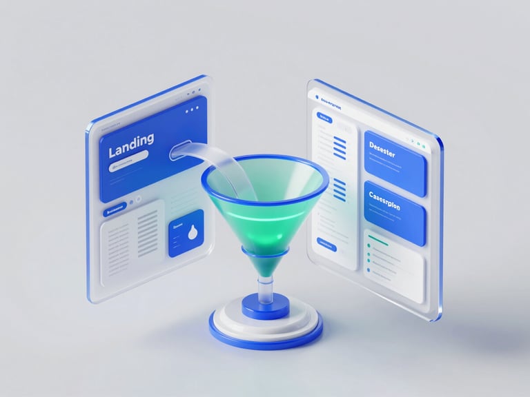Sleek 3D render of a futuristic conversion funnel, showing landing pages, websites, and copywriting elements, with data flowing through sales funnels, blue and green accents.