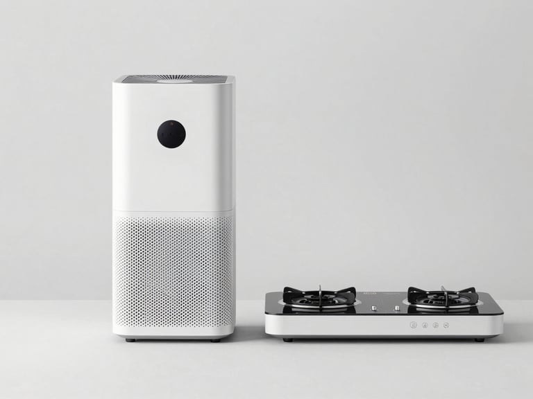 Straight-on clean catalog shot of a premium minimal air purifier and induction cooktop side by side on a light grey background with high-key studio lighting.