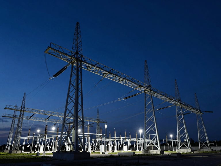Wide-angle architectural shot of a massive high-voltage grid substation at blue hour, sharp clean steel beams against deep navy sky.