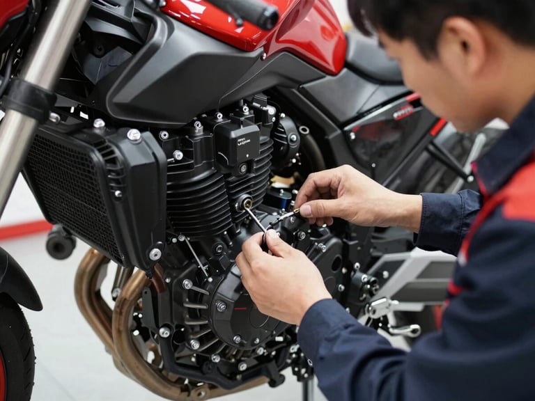 Close-up of a mechanic performing a detailed general inspection on a motorcycle engine, clean tools, bright workshop lighting, high-contrast black and red tones, crisp details.