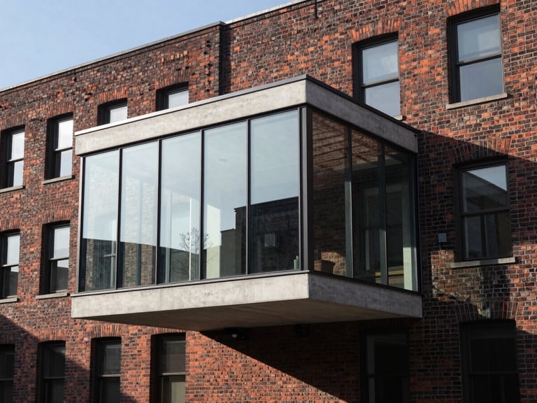 High-contrast architectural photograph showing a modern glass and steel extension seamlessly joining a historic brick building under crisp morning light, 35mm