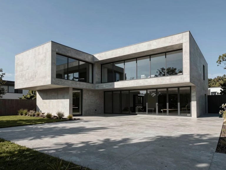 Wide-angle exterior elevation of a modern home, showing its integration with the natural site context, harsh sunlight creating strong shadows.