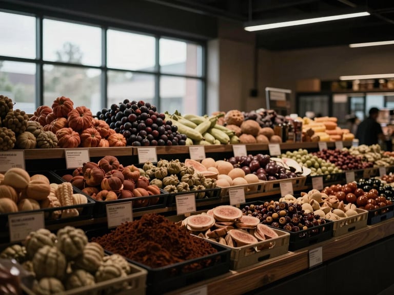 Wide environmental shot of a modern food market with soft shadows, rich earth tones, moody editorial photography, 35mm