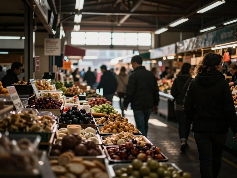 Wide shot of a bustling indoor food market aisle, soft directional light casting warm shadows, moody editorial photography