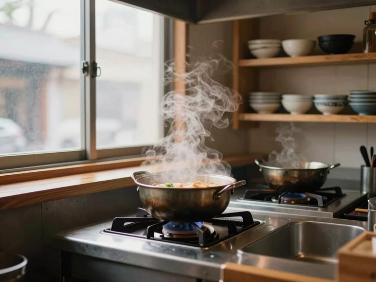 Wide shot of a small ramen counter kitchen at pre-opening — a steaming pot on a gas burner, north-facing window light illuminating the steam, wooden shelving with ceramic bowls in the background, no people present