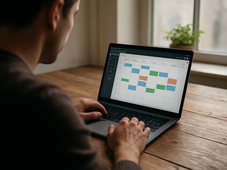 Over-the-shoulder view of a person reviewing a social media scheduling dashboard on a laptop, sitting at a reclaimed wood desk, north-facing daylight from a tall window, a small potted herb on the windowsill in soft focus behind the screen