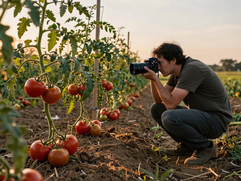 Wide environmental shot of a photographer crouching in a farm field at golden hour, shooting close to the soil where a row of ripe tomatoes sits on the vine, warm amber light raking across the ground from the left