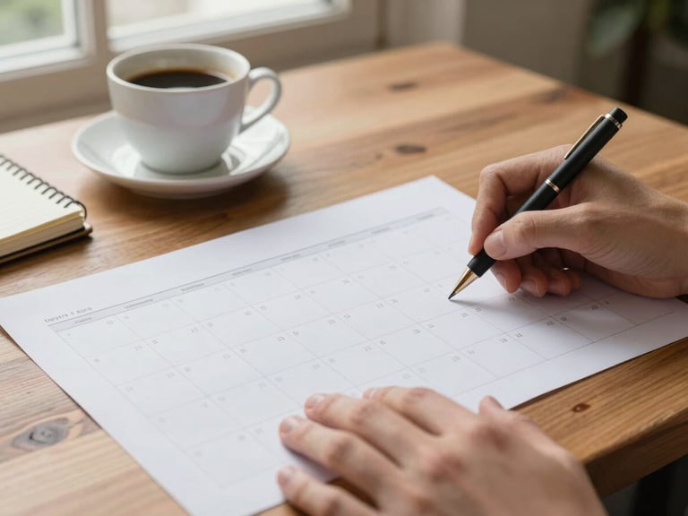 Close-up of two hands tracing over a printed content calendar spread on a wooden table, a cup of coffee and a small notebook nearby, north-facing window light falling soft and even across the paper