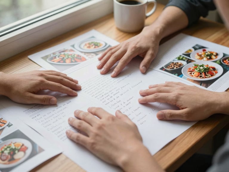 Close-up of two pairs of hands spread across a wooden table covered in printed food photographs and handwritten content notes, north-facing window light falling across the surface, a ceramic coffee mug at the edge of the frame