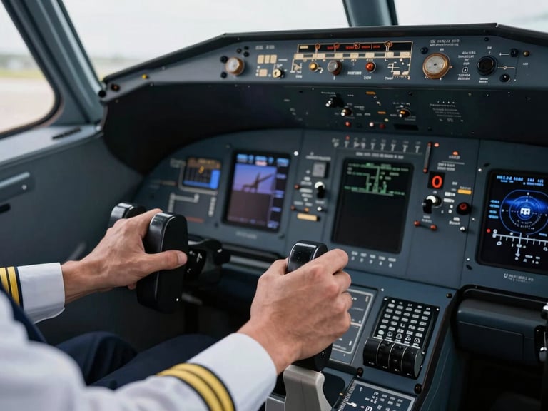Close-up of a pilot's hands on a throttle quadrant in a commercial flight simulator, crisp high-contrast lighting, technical precision, 35mm lens.