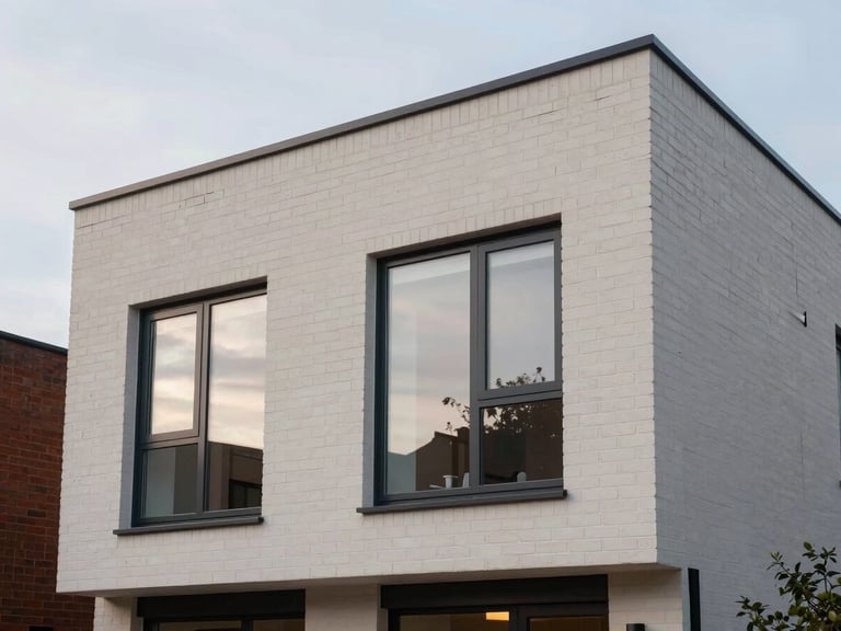Architectural elevation of a modern house extension in Manchester, clean brickwork integration, dusk lighting, 35mm photography