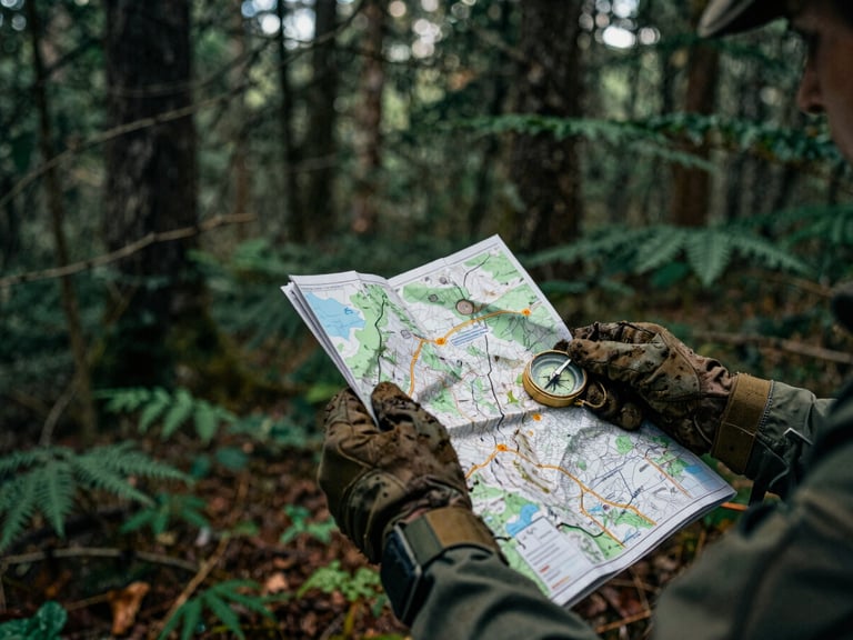 Cadet's hands holding a topographic map, compass needle pointing north, dense forest background, muddy tactical gloves, deep green and earthy tones, moody tactical photography, overcast forest daylight, 35mm.