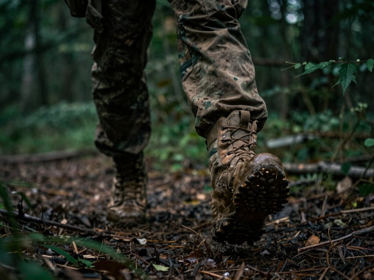 Close-up of a cadet's mud-splattered tactical boots running through a forest path, blurred motion, deep green and earthy tones, moody tactical photography, overcast forest daylight, dynamic action shot, 35mm.