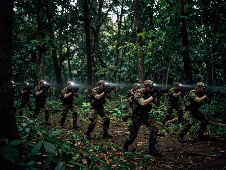 Group of cadets in military uniform practicing night orienteering in a dark forest, faint headlamp beams, dense trees, moody tactical photography, overcast forest daylight, 35mm.