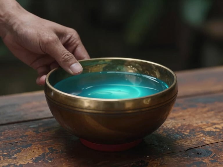 Close-up of a traditional kava tanoa bowl on a worn wooden surface, cyan neon light reflecting off the liquid surface, hand reaching in from the left edge, dark moody background with shallow depth of field