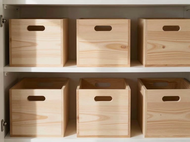 Elegant wooden storage boxes and bins neatly arranged in a pantry, soft natural light, clean composition.