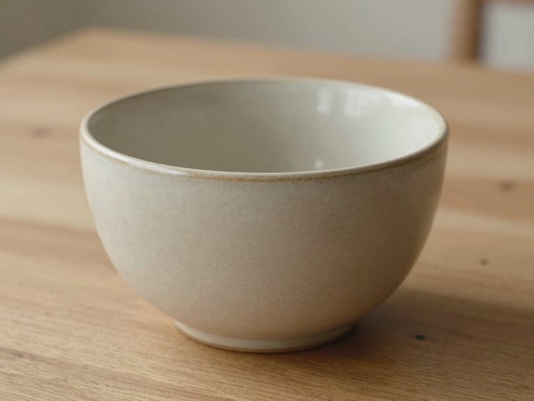Close-up of neutral-toned ceramic stoneware on a natural wood table, soft diffused light, focusing on texture and material quality.