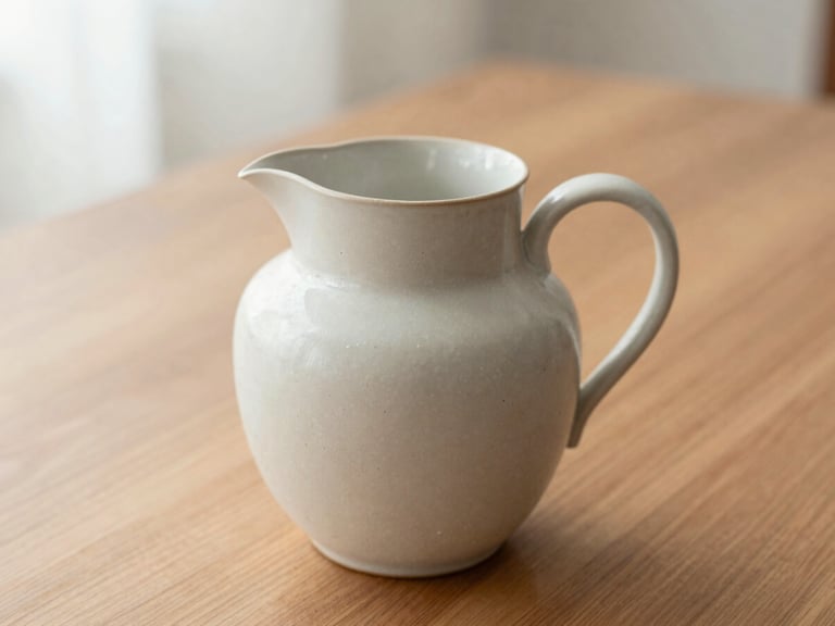 Close-up of a handcrafted ceramic pitcher on a wooden table, soft morning light, focus on texture and material quality, neutral tones