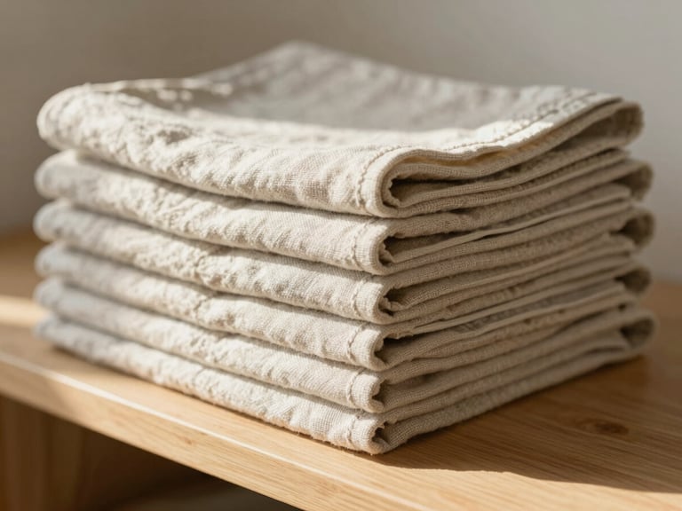 Stack of neatly folded natural linen kitchen towels on a light wooden shelf, soft morning light, shallow depth of field.