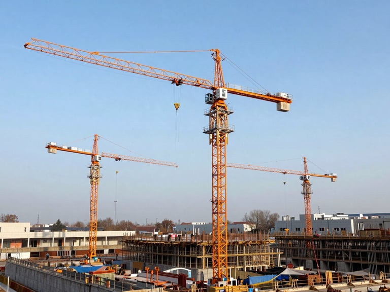 Wide shot of a construction site from an elevated perspective, showing multiple large cranes and ongoing foundation work, crisp morning daylight, cool blue tones with high-visibility orange accents, sharp focus, 35mm lens