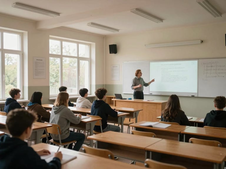 Wide environmental shot inside a Georgian secondary school classroom, natural daylight streaming through tall windows onto rows of desks, a teacher standing at a whiteboard mid-explanation, students visible in foreground engaged with notebooks — no posed expressions, no camera eye contact