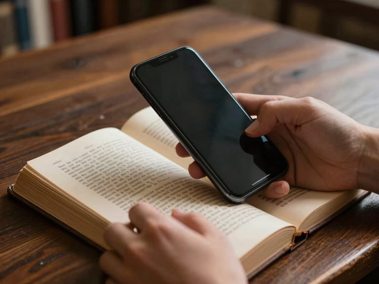 A close-up of hands holding a smartphone over an open vintage book on a dark wooden library table, scanning a page of text under warm directional light.