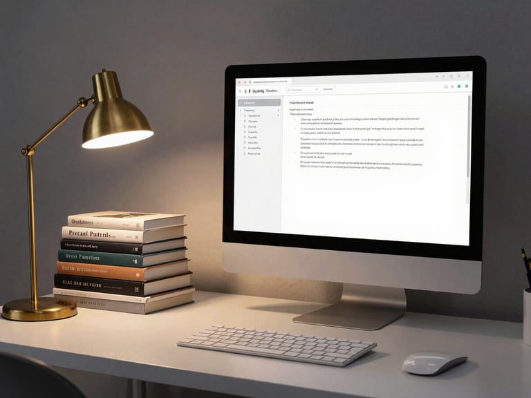 A clean, minimal desktop workspace at dusk, showing a large computer monitor displaying a text-first writing interface next to a neat stack of physical books under a brass desk lamp.
