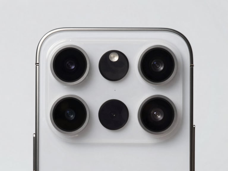 Close-up macro shot of a smartphone camera array, crisp studio lighting, light gray background, sharp details, high-contrast, 85mm lens