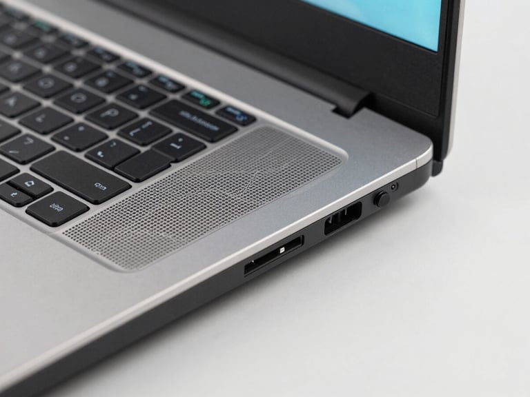 Close-up macro shot of a gaming laptop's ventilation grille and RGB keyboard detail, crisp studio lighting, clean light gray background, sharp details, high-contrast, 85mm lens