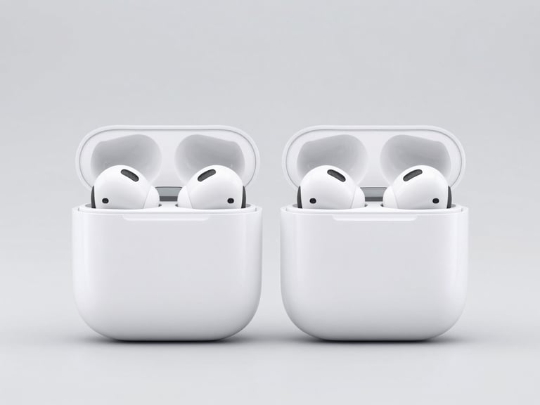 Pair of premium wireless earbuds in their charging case, clean studio lighting, light gray background, sharp details, high-contrast
