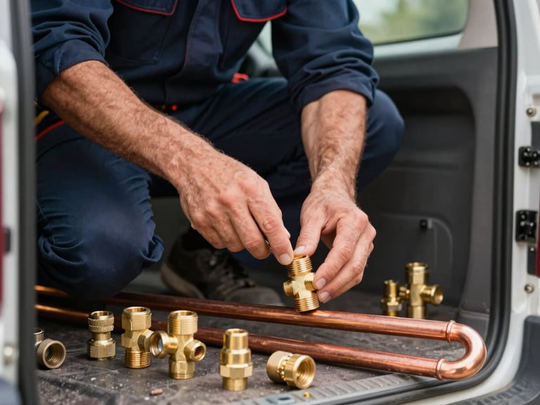 Close-up of a professional plumber neatly organizing copper pipes and high-end brass fittings inside a clean van, warm side lighting, premium editorial photography