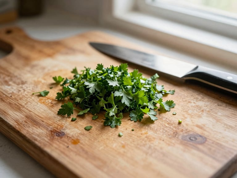 Close-up of a well-used wooden cutting board with chopped parsley and a chef knife, warm natural light, 35mm