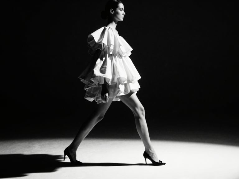 High-contrast black and white runway photograph, dramatic spotlight casting sharp shadows, model in motion, couture garments, sharp focus