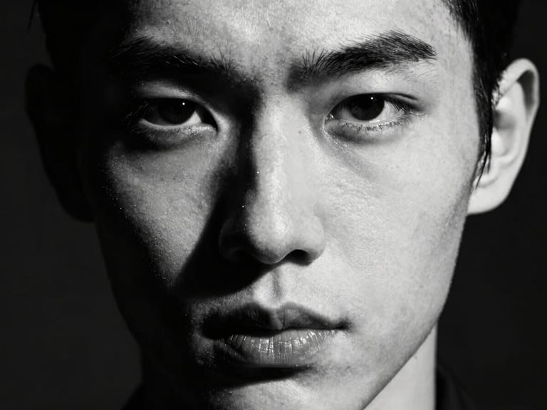 Extreme close-up of a model's unique facial structure, high-contrast studio lighting, harsh direct shadows, stark monochrome photography