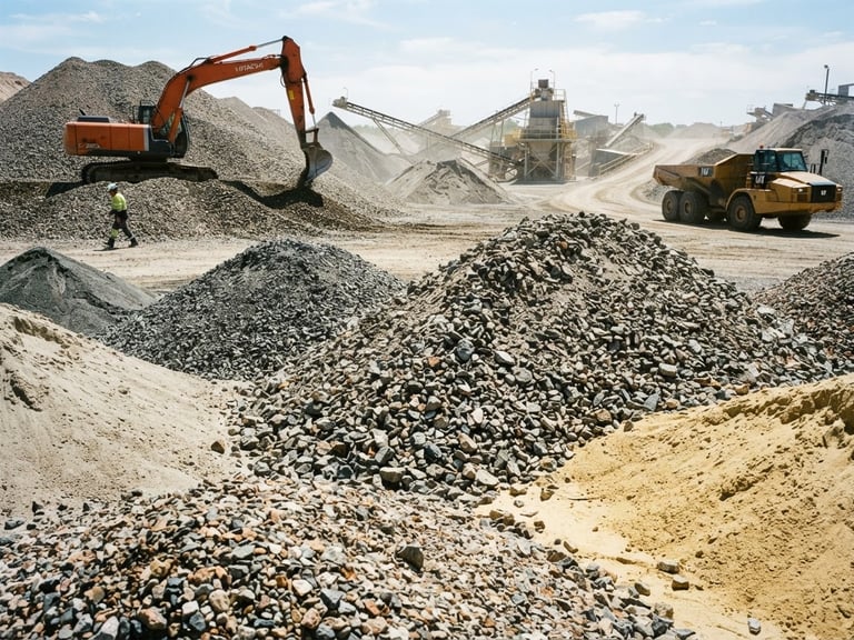 Industrial photography, harsh direct sunlight, high-contrast textures of sorted gravel piles, sharp focus, 35mm