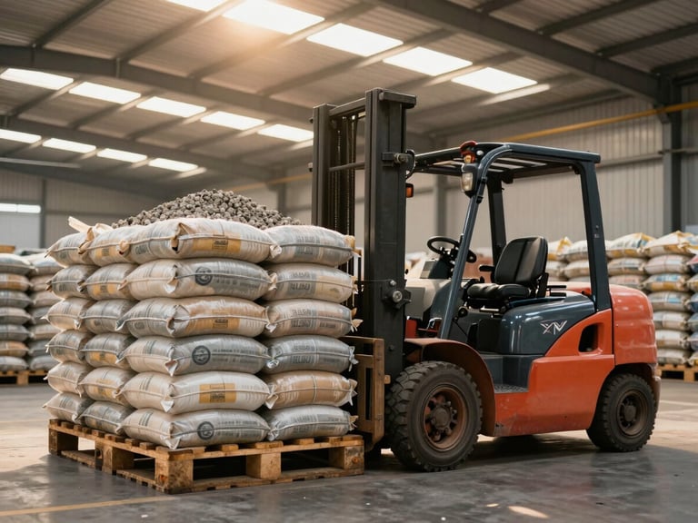 Wide environmental shot of a forklift stacking palletized bags of mineral material inside a high-ceiling warehouse, golden dust-filtered light from large industrial skylights, rows of inventory receding into background