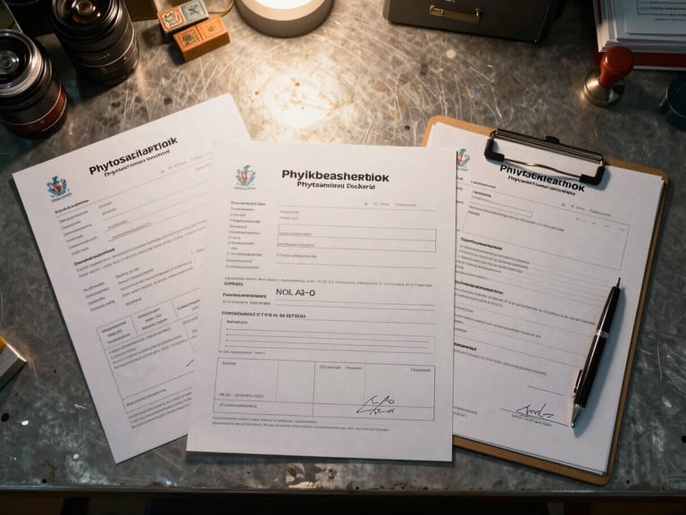 Overhead view of shipping documents, phytosanitary certificates, and customs forms laid out on a worn metal desk under directional warm lamplight, stamps and signatures visible, clipboard and pen beside the stack