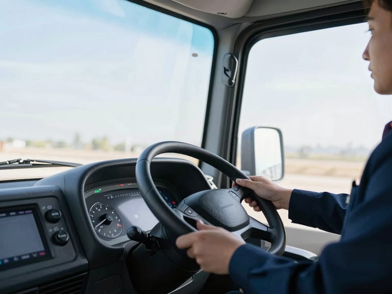 Close-up of a modern corporate bus dashboard and steering wheel, professional driver in uniform, clean interior, bright natural daylight, 35mm