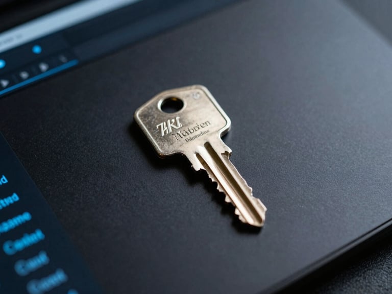 Flat-lay orthographic view of a dark-mode developer terminal showing cryptographic keys, sharp blue-tinted screen glow, high contrast.