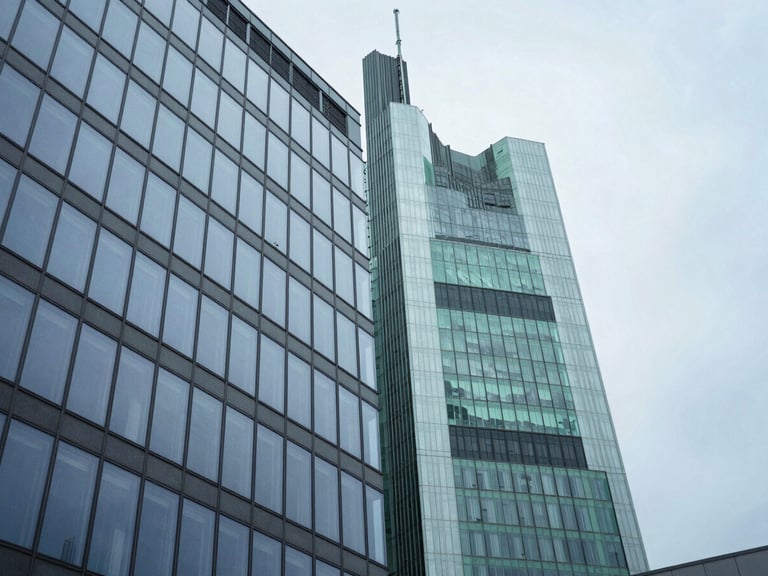 Low-angle architectural shot of a modern glass office building in Frankfurt, overcast cool daylight, minimal Swiss style, desaturated blue tones with a sharp mint green reflection on the glass, 35mm