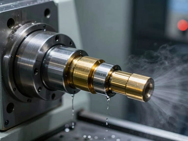 Close-up of a CNC turning center with live tooling cutting a brass spindle, coolant mist, sharp focus, industrial lighting