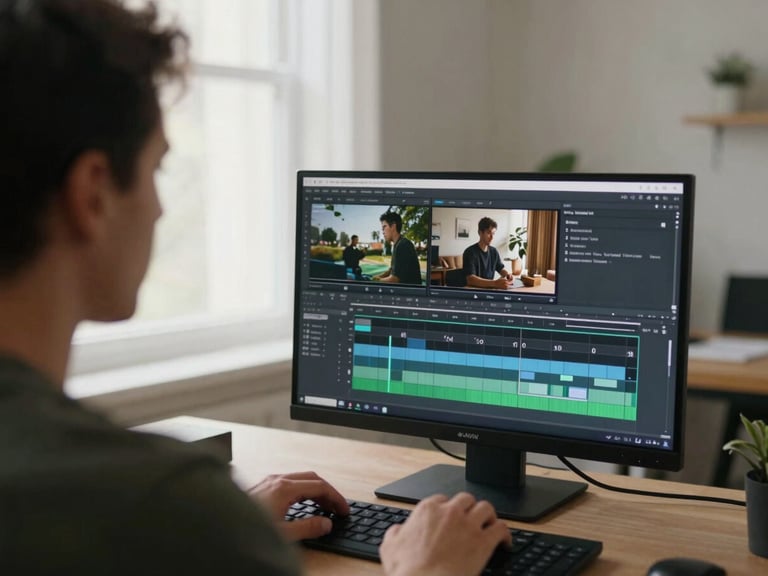 Over-the-shoulder shot of a video editor working on a timeline, screen showing compelling narrative footage, soft window light, clean workspace