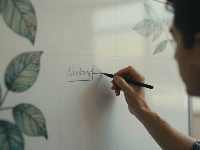 Medium close-up of hands sketching ideas on a structured whiteboard, abstract botanical textures in background, soft light
