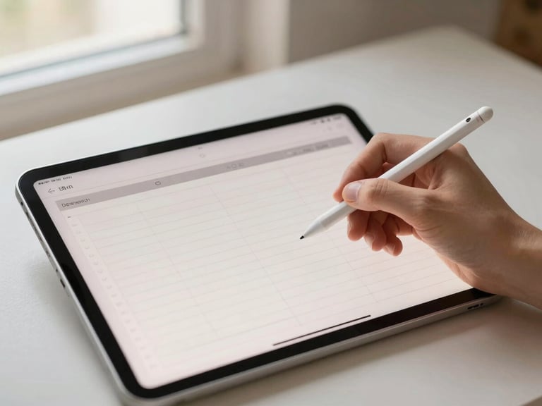 Overhead flat-lay of an iPad displaying a clean digital planner, a hand holding a stylus, warm morning light, cream and blush tones, shallow depth of field