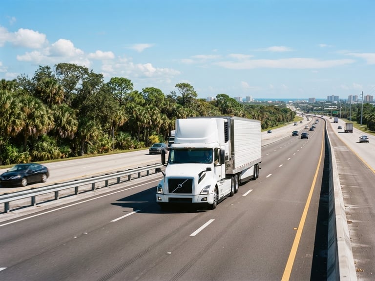 Wide environmental shot of a clean, modern transport vehicle driving along a sun-drenched Florida highway, bright natural daylight, high-contrast industrial tones, professional editorial style, 35mm.